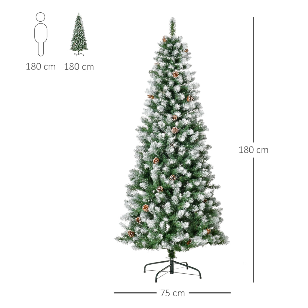 Albero di Natale Innevato 180 cm con 630 Rami e 37 Pigne, in Plastica e Metallo, Facile da Montare per Casa, Verde e Bianco