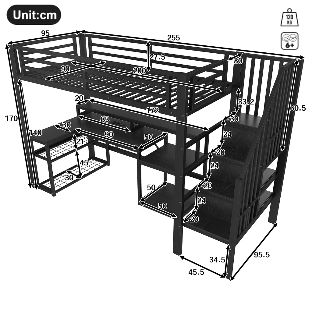 Letto a soppalco 90 × 200 cm con scrivania LED USB scale con contenitore parapetto metallo MDF nero