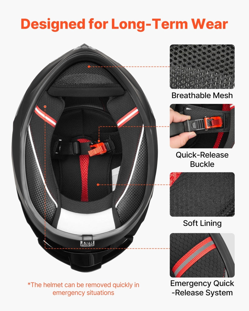 Casco Integrale da Moto MD-821 Taglia M, Calotta in ABS e Strato EPS, Visiera Trasparente, Omologato ECE 22.06 DOT, con Tasche Bluetooth, Nero