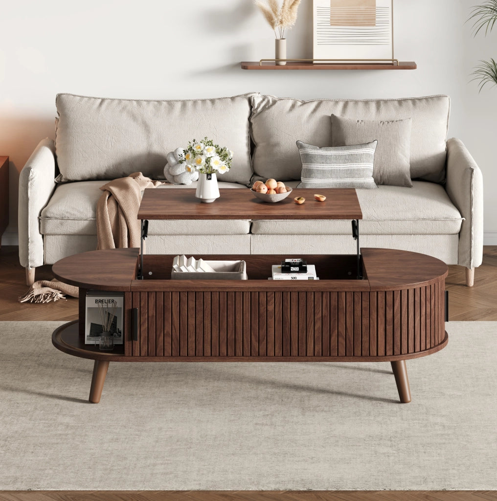 Tavolino da caffè sollevabile 120x50 cm con vano contenitore e ripiani noce
