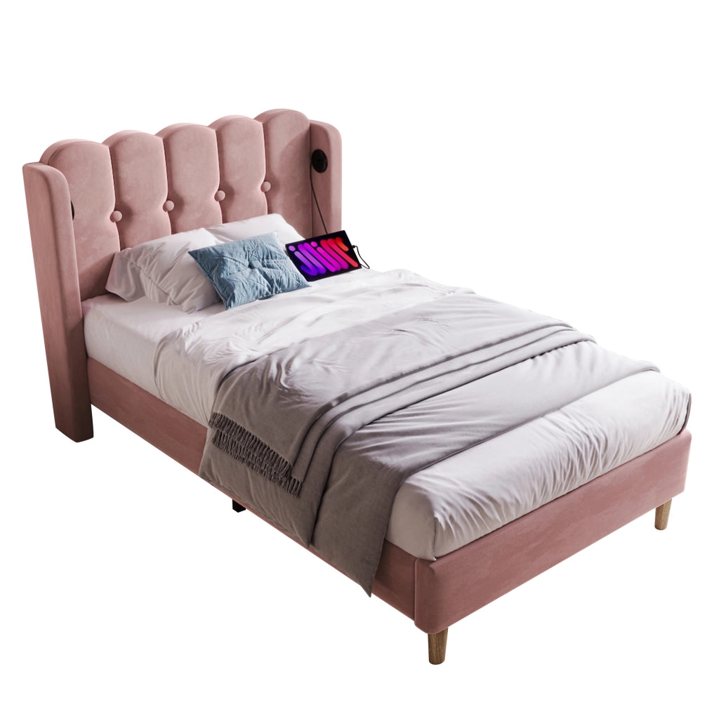 Letto singolo imbottito in velluto 90x200 cm con ricarica USB Type-C e rete a doghe, per camera da letto e ospiti - Rosa (Con materasso)
