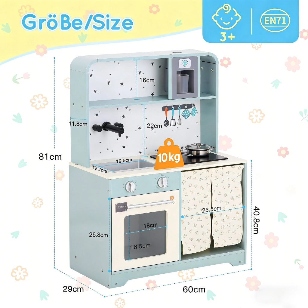 Cucina giocattolo per bambini con erogatore di ghiaccio; microonde e accessori; blu; 29 × 60 × 81 cm
