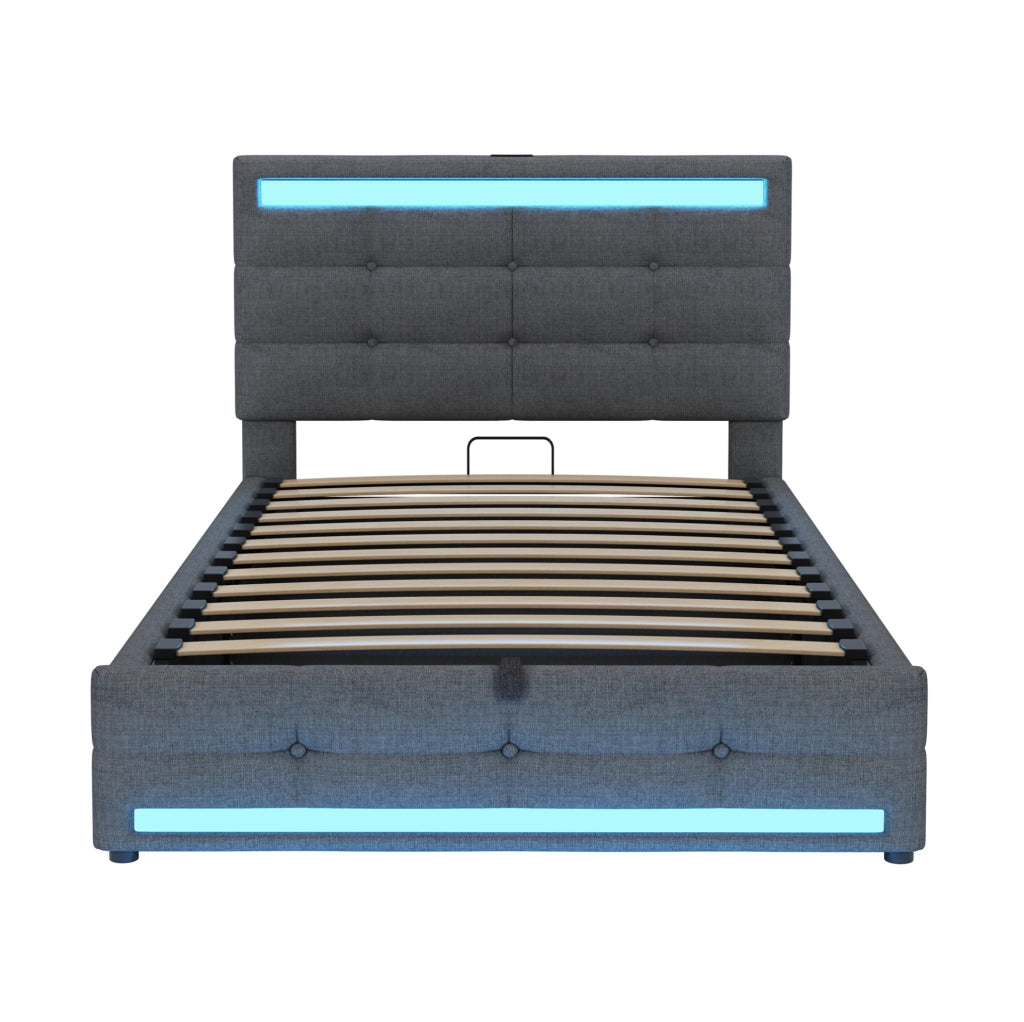 Letto imbottito LED con USB e contenitore visivo moderno