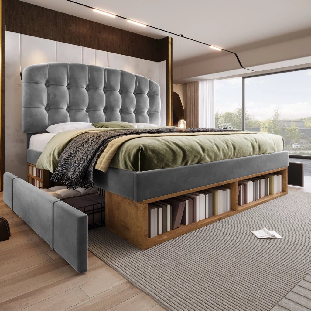 Letto matrimoniale 140 × 200 cm 2 posti con 2 cassetti e vani; senza materasso; in velluto grigio
