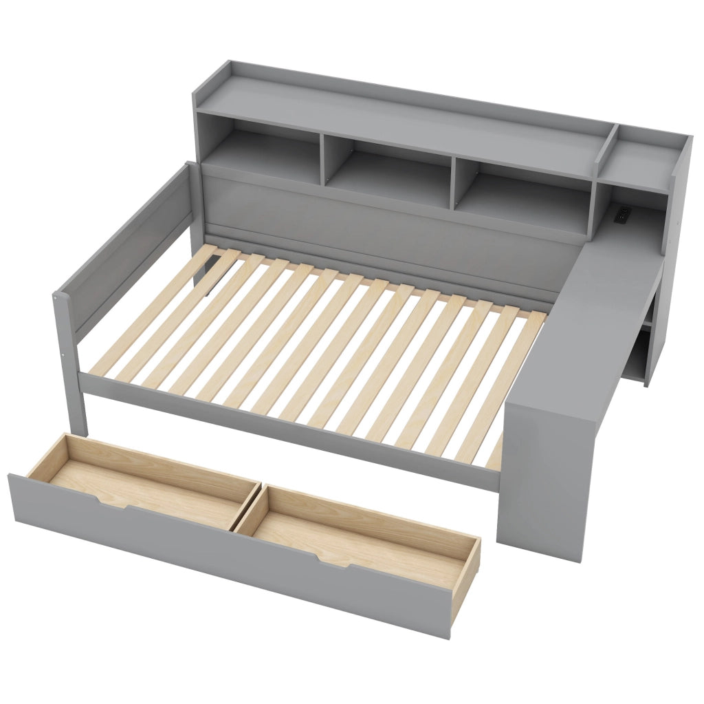 Letto Daybed 90x200 cm con 2 Cassetti, Porta USB e Presa, Scrivania Incorporata, Spagna e MDF, Grigio
