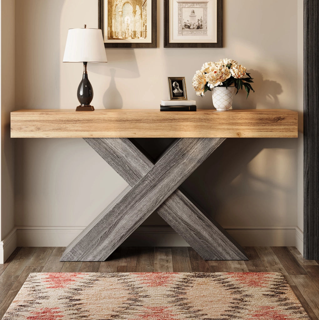 Tavolo Consolle Stretto in Legno 140 x 30 x 80 cm - Struttura Aperta a X Colore Naturale