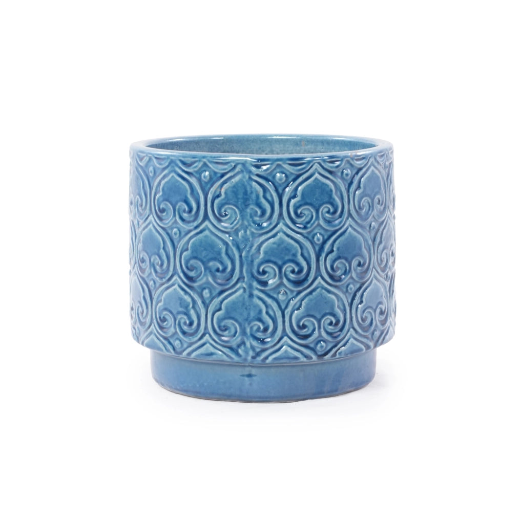 Vaso in Ceramica Blu Lucido Ø19 cm con Motivo a Cuore e Foro di Drenaggio per Mini Piante e Erbe da Scrivania