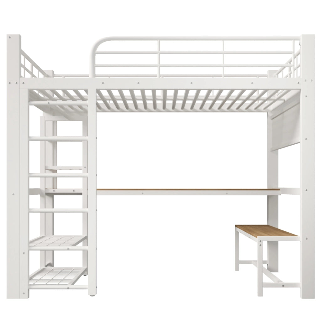Letto a soppalco 140x200 cm in metallo bianco con scrivania; LED e ripiani HOMVRA