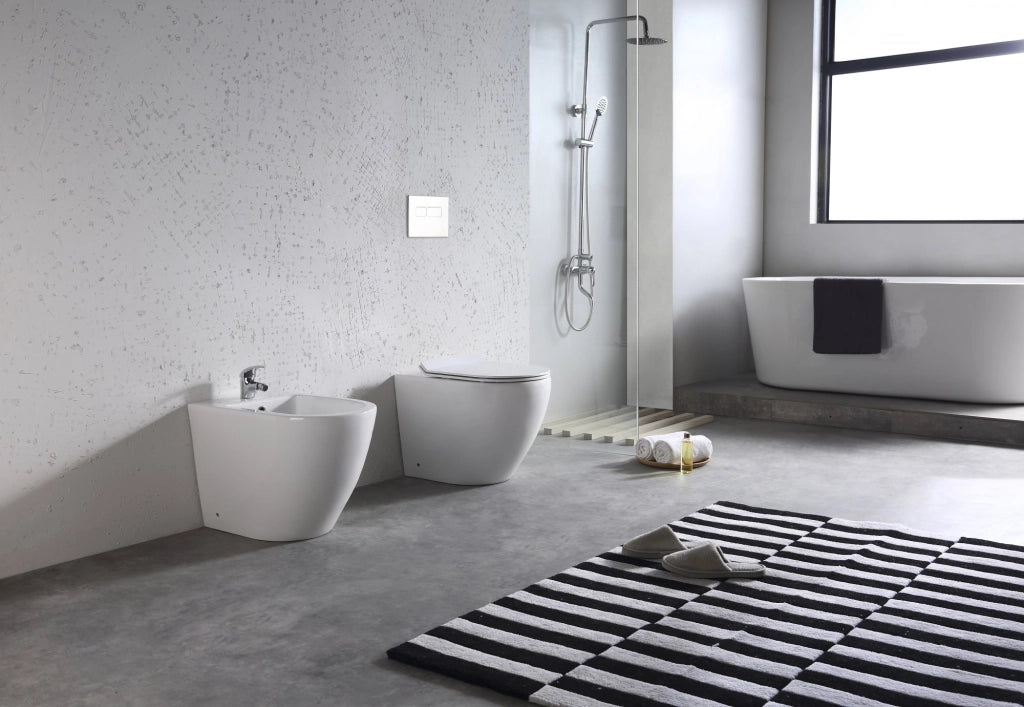 Sanitari a Terra Filo Muro Wc Bidet Copriwater Sof Close Bianco Bent Rimles