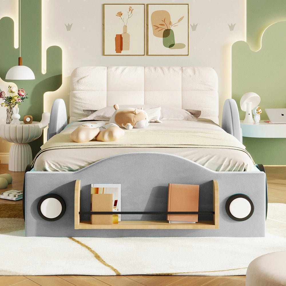 Letto imbottito contenitore 90x200 ¨C Minimal ¨C Velluto grigio idraulico con tasche laterali e vano libri