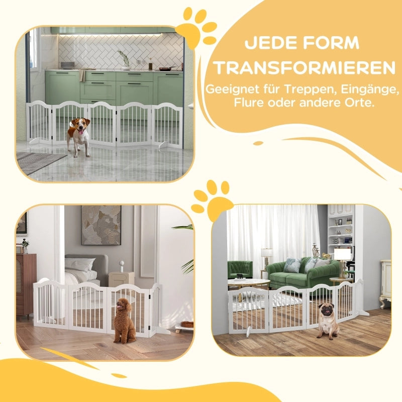 Cancelletto per cani a 5 pannelli pieghevole in legno e MDF bianco con piedi di supporto 254.5 × 61 cm