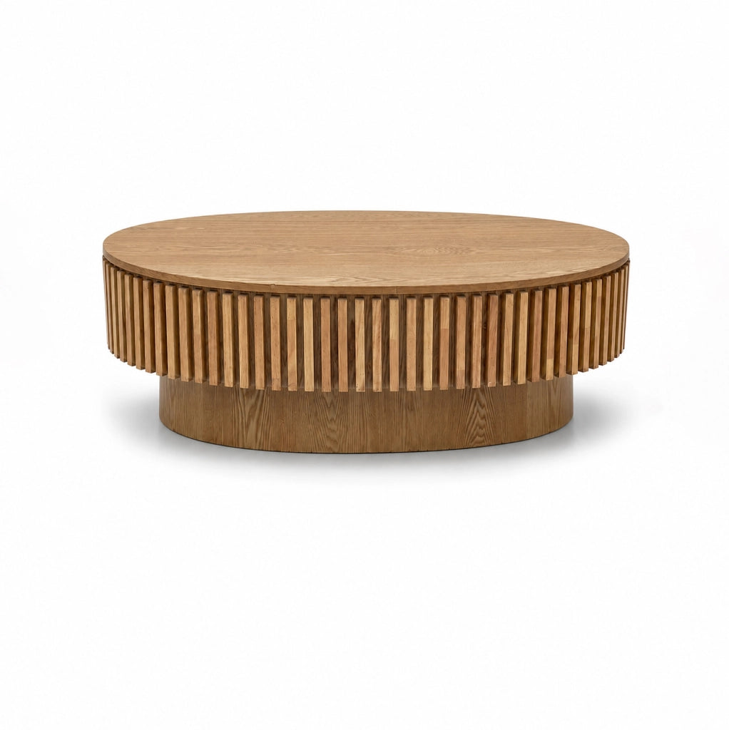 Tavolino da caffè ovale scanalato 98 cm con vano nascosto, finitura in impiallacciatura legno naturale, facile montaggio in 5 minuti