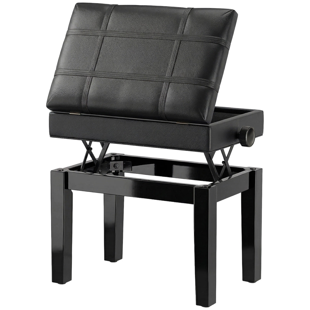 Sgabello per Pianoforte con Altezza Regolabile e Contenitore in Legno e Finta Pelle, 63x35x46-56cm, Nero