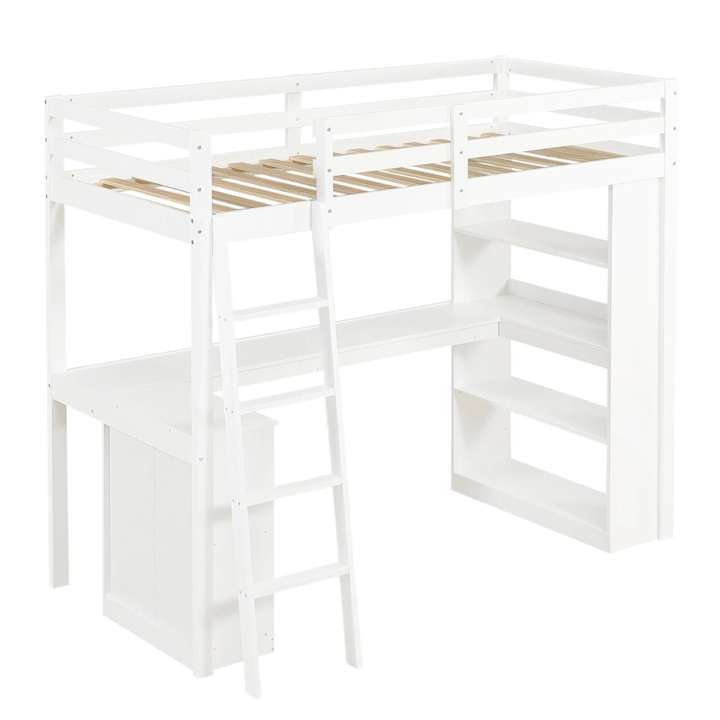 Letto a soppalco 90x200 cm bianco con ripiani; tasche in feltro e scala inclinata