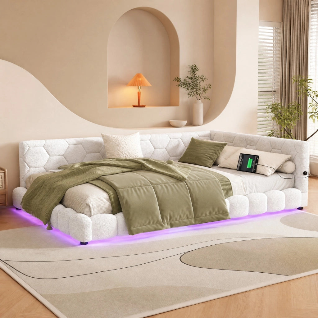 Divano letto 140x200 cm bianco con LED, USB e Type-C