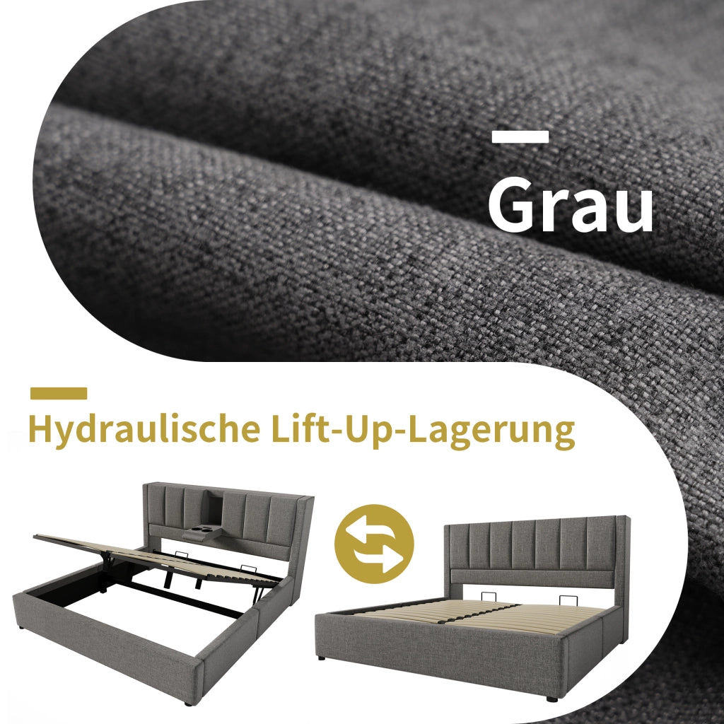 Letto matrimoniale imbottito 180 × 200 cm con contenitore idraulico lino grigio ricarica USB e portabicchieri