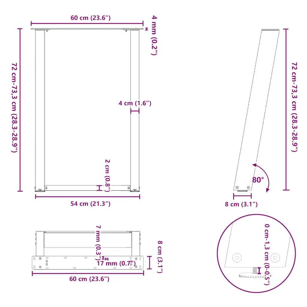 Gambe per tavolo da pranzo a forma di U 2 pz | Piede del tavolo in acciaio naturale 60x(72-73) cm