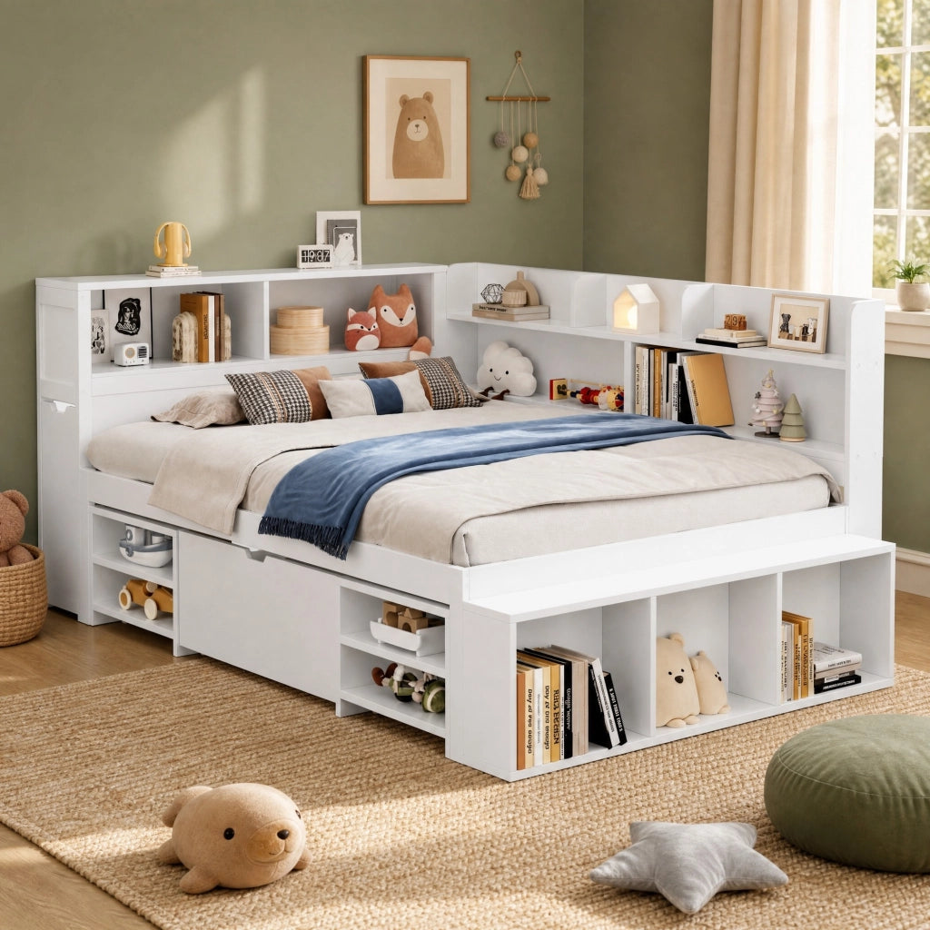 Letto per bambini multifunzionale 140x190 cm con cassetti e ripiani; bianco