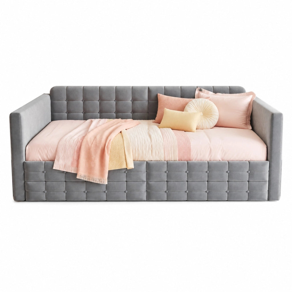 Letto imbottito 90x190 cm con 2 cassetti; tasche laterali e velluto grigio
