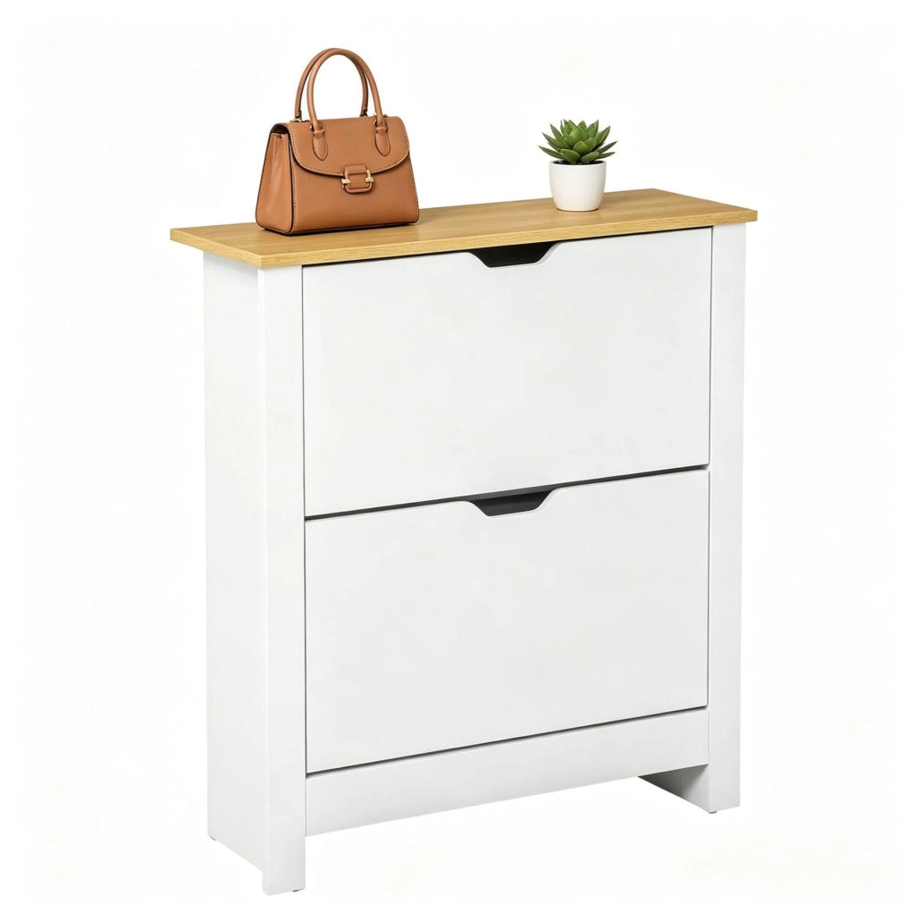 Scarpiera ULEVR 72x26x80 cm con 2 ante a ribalta e divisori regolabili, legno naturale e bianco