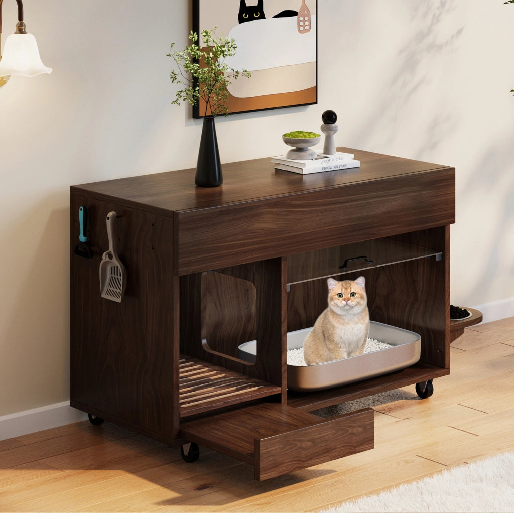 Mobile copri lettiera per gatti con cassetti e ruote; MDF noce; 100 x 45;5 x 67 cm