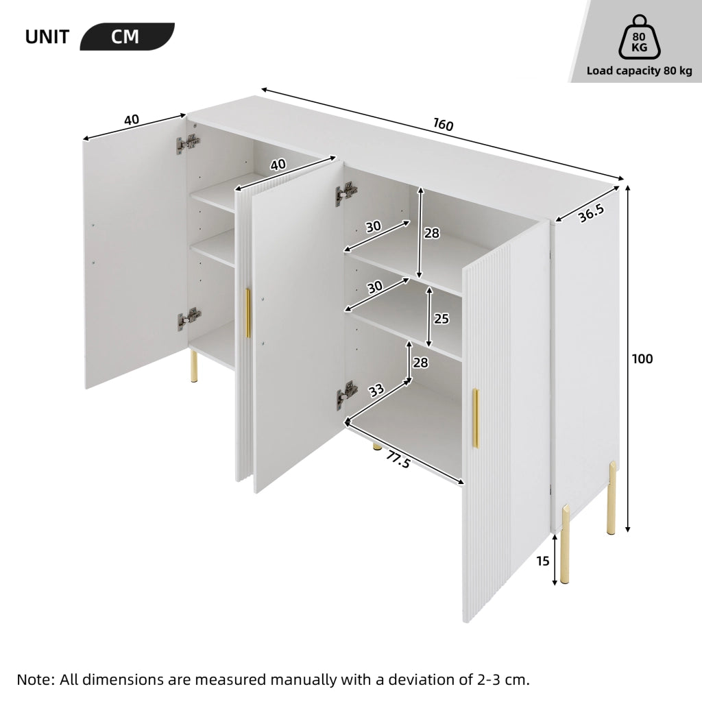 Credenza e madia con 4 ante e 4 ripiani regolabili, bianca opaca, per soggiorno e sala da pranzo, 160 × 35 × 100 cm