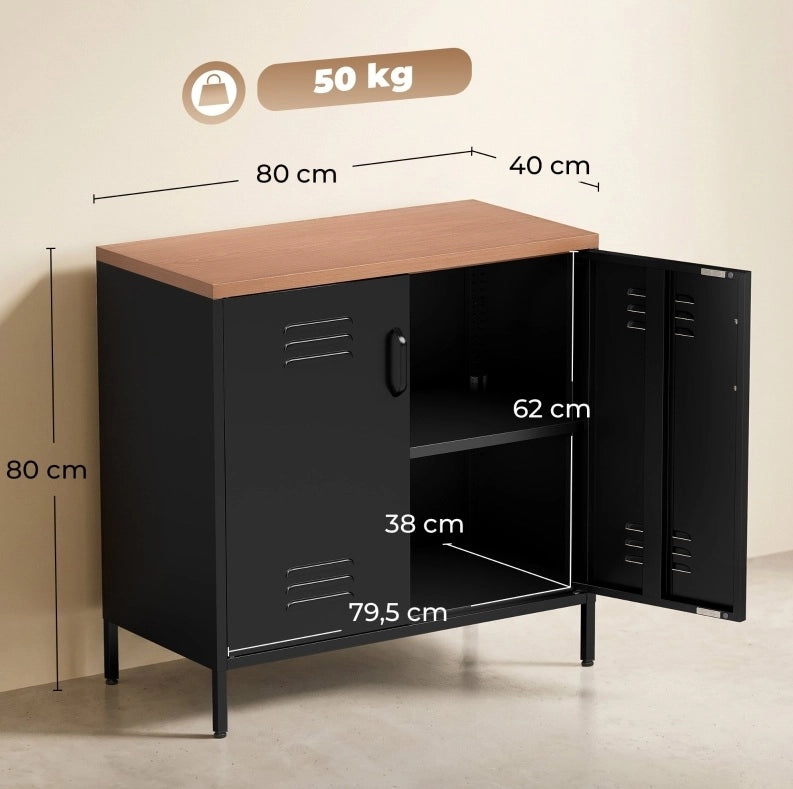 Credenza in metallo industriale con 2 porte e ripiano regolabile 80x40x80 cm, finitura nera