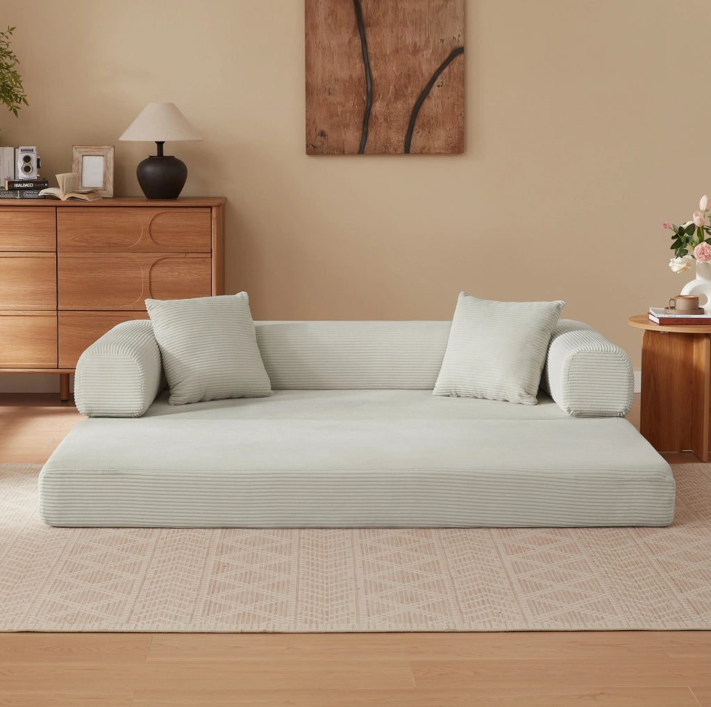 Divano letto modulare beige in schiuma con rivestimento morbido e trasformazione salvaspazio