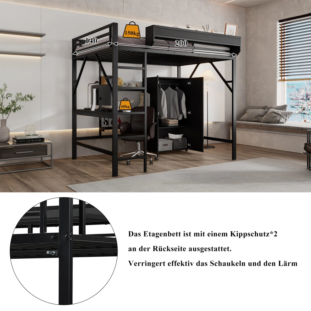 Letto a soppalco per bambini 140 × 200 cm con scrivania, armadio, ripiani e struttura in ferro e MDF nera