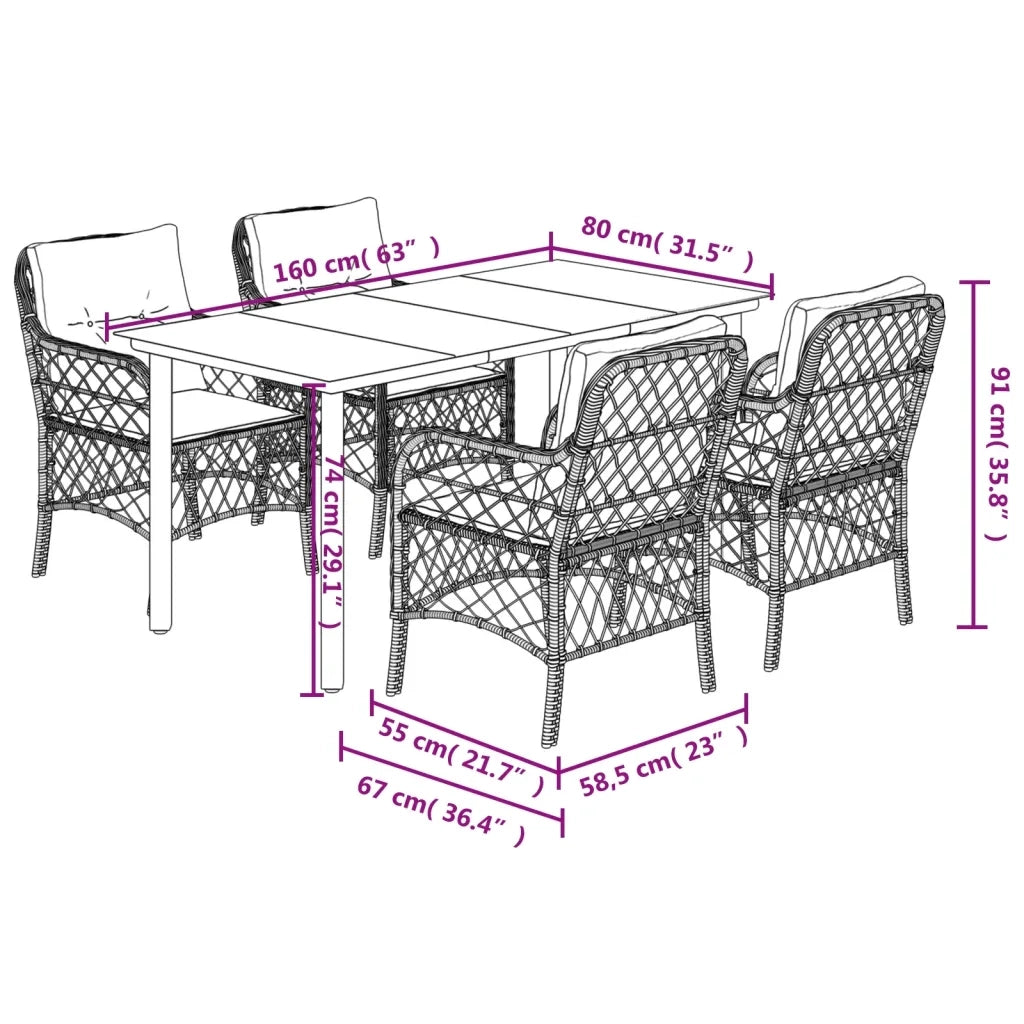 Set Pranzo da Giardino 5pz con Cuscini Grigio Chiaro Polyrattan
