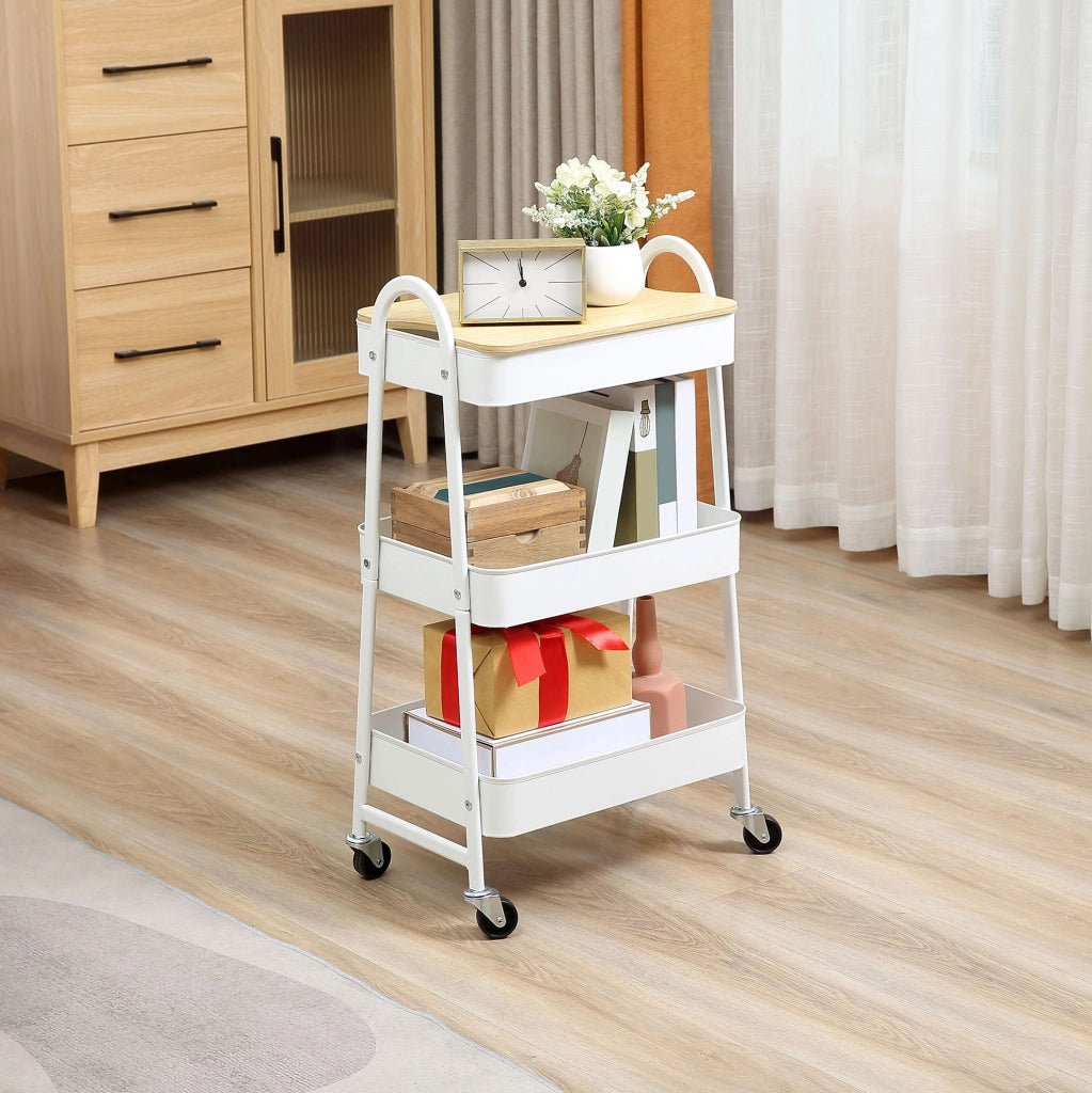 Carrello da cucina ULEVR a 3 ripiani con coperchio e ruote frenanti, acciaio bianco 45x31x79,4 cm