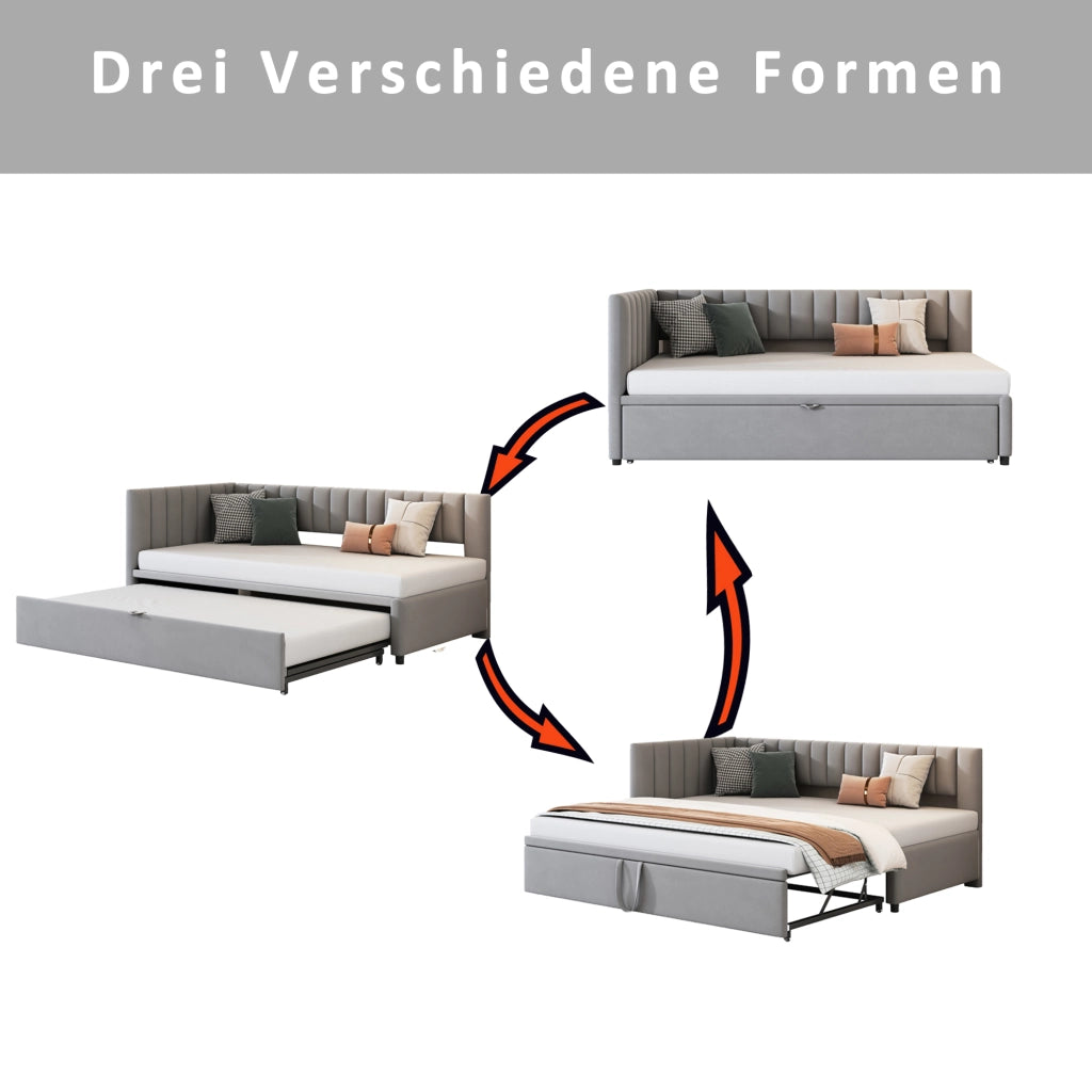 Divano letto 90 × 200 cm con letto estraibile a L rivestito in velluto grigio con schienale e testiera