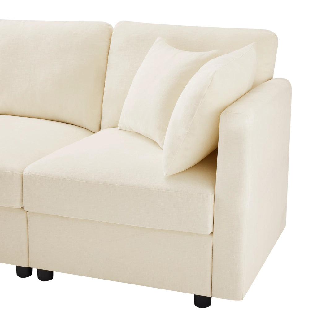 Divano angolare 218x156,5 cm con pouf e braccioli regolabili in ciniglia beige