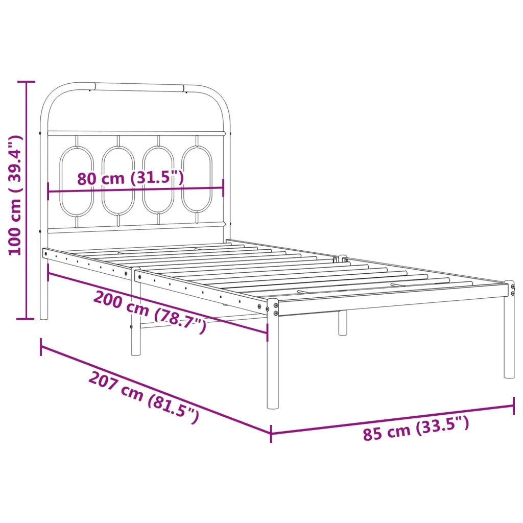Letto singolo | Letto per adulti | Giroletto con Testiera Metallo Bianco 80x200 cm