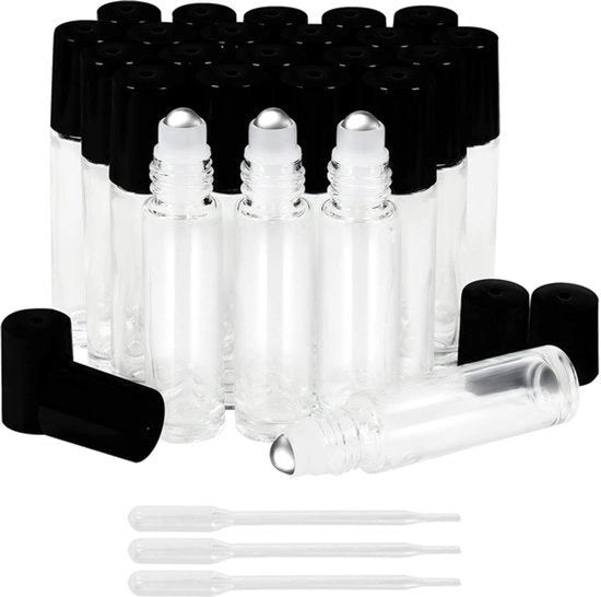 Vetrini trasparenti da 10 ml - Rolflessi con gocciolatori - 24 pezzi - Riutilizzabili - Palle in acciaio inossidabile - Oli essenziali - Aromaterapia - Profumo - Odore - Balsamo labiale - Olio