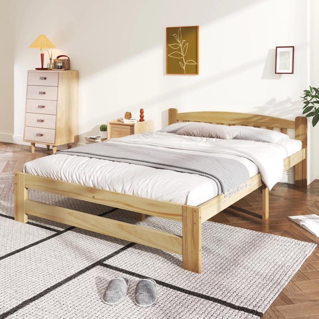 Letto matrimoniale 140 × 200 cm con testiera a doghe verticali e rete a 15 doghe in legno di pino naturale