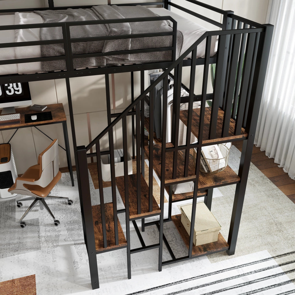 OKWISH Letto a soppalco 120×200 cm, Letto Singolo con Scala ad Angolo, Scrivania, Mensole e Armadio Aperto, senza Materasso, Nero