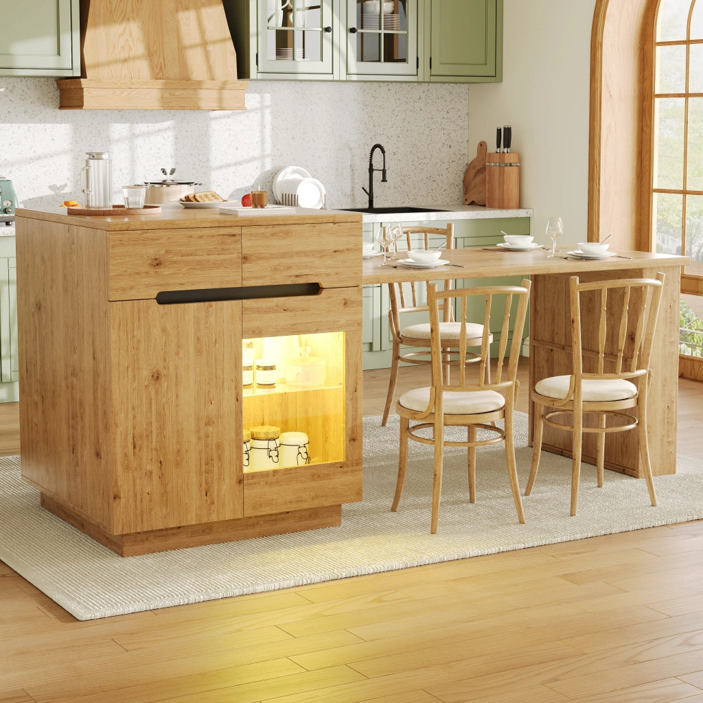Isola da cucina con tavolo estraibile LED controllabile tramite app e telecomando in MDF colore legno 122-195 cm