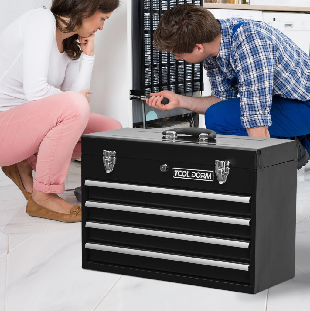 Cassetta Porta Attrezzi in Acciaio con 4 Cassetti e Serratura, Portatile, con Rivestimento Protettivo, Nero, 51.5 cm
