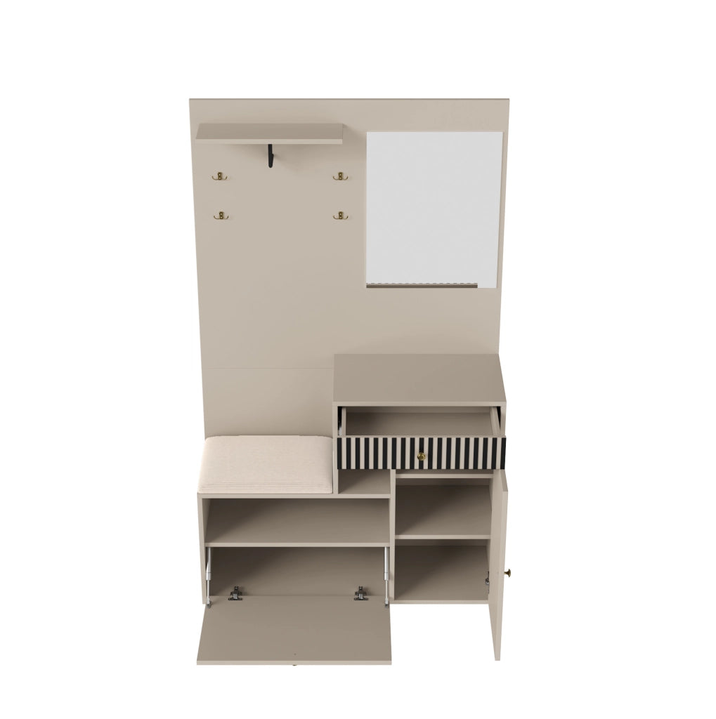 Mobile ingresso con specchio, seduta e scarpiera in MDF