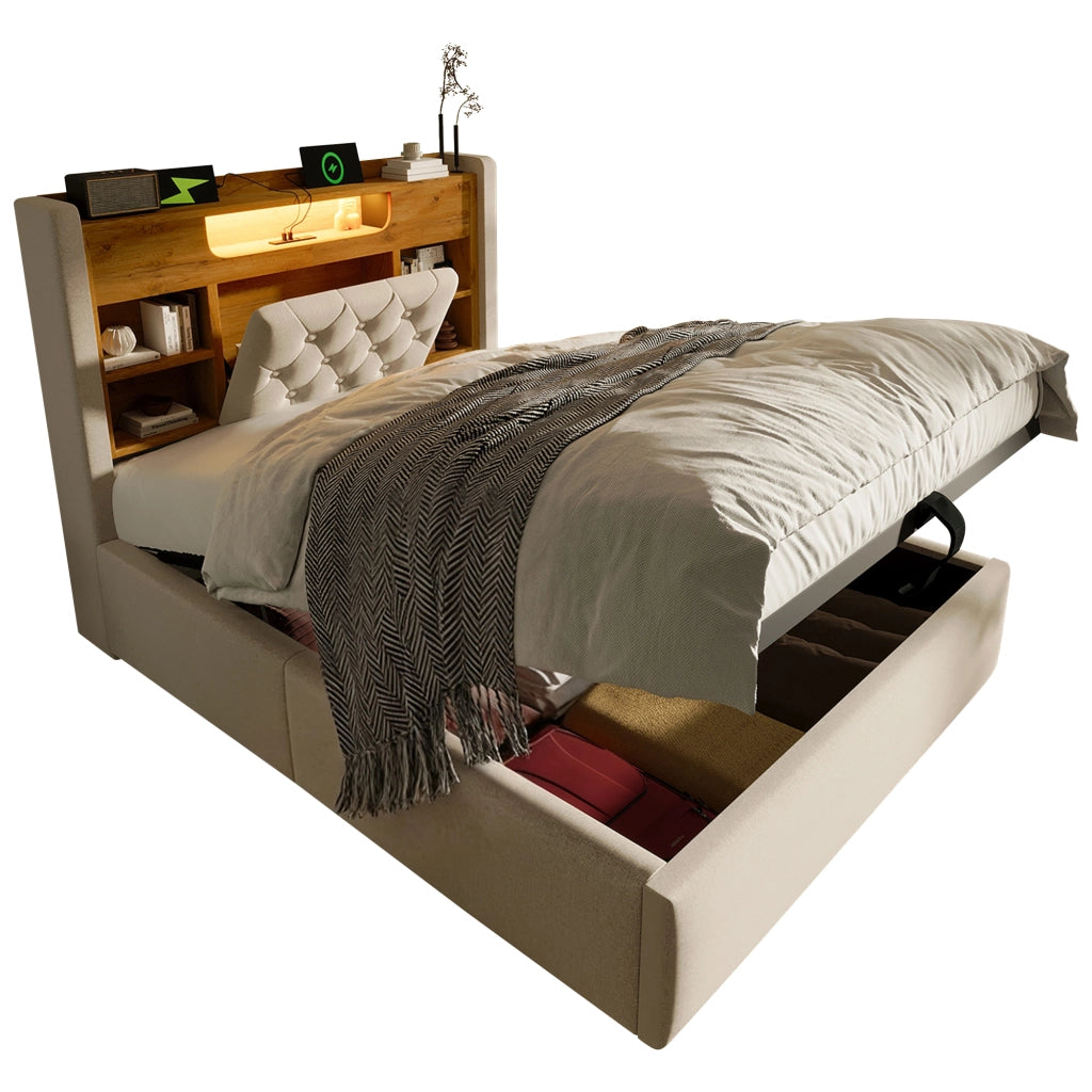 Letto imbottito beige 90 x 200 cm con contenitore idraulico