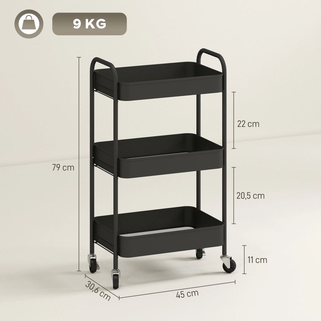 Carrello Cucina 3 Ripiani con Ruote ¨C Xylo ¨C 45x30,6x79 cm Nero