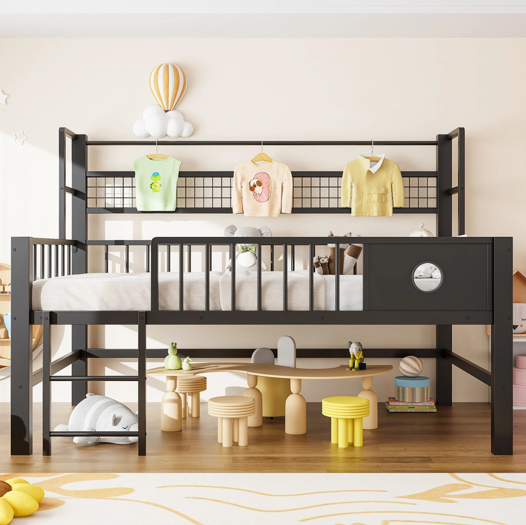 Letto per bambini 90x200 cm con struttura in metallo, soppalco basso con ripiani e appendiabiti, colore nero