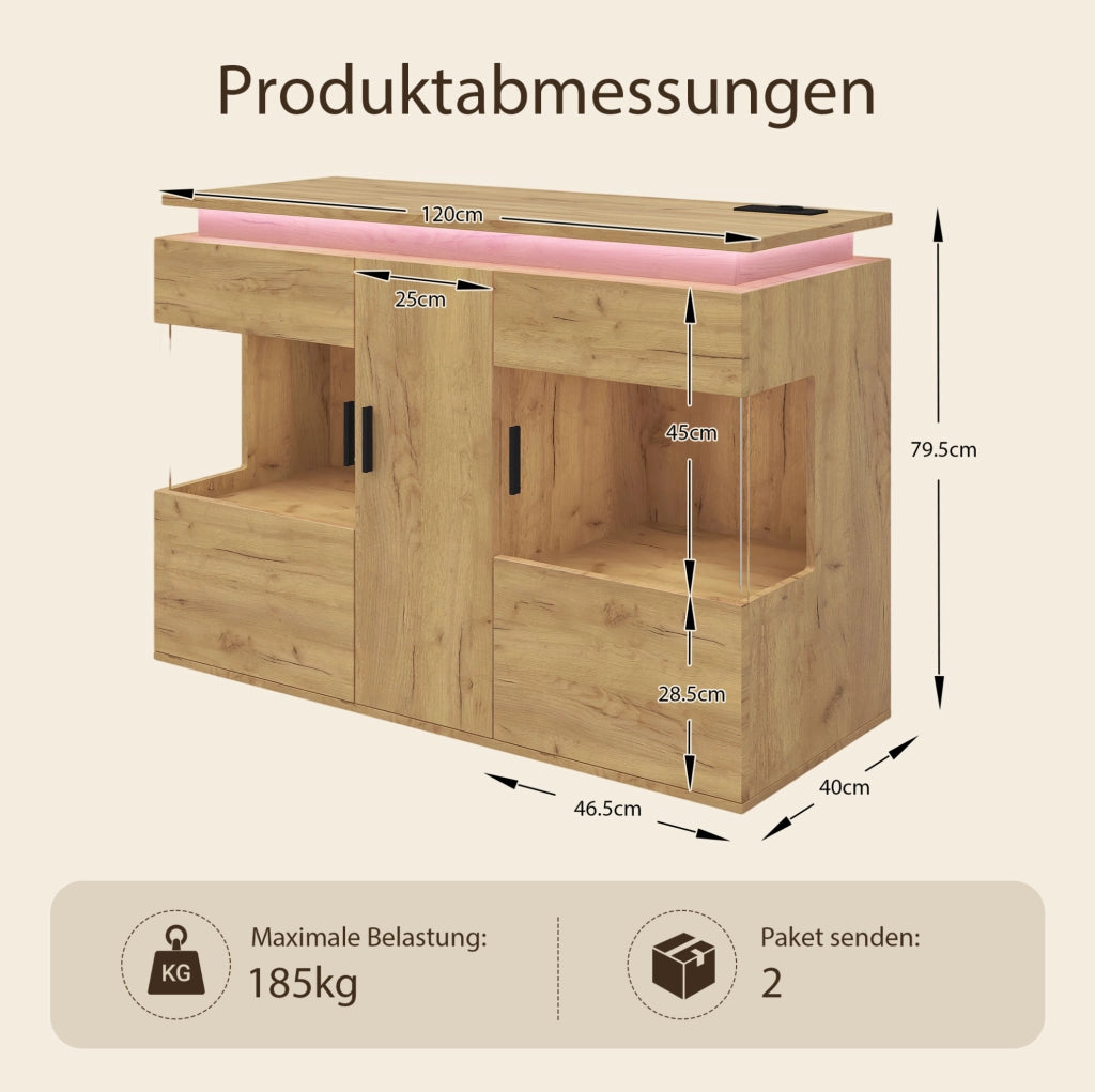 Buffet con illuminazione LED, prese USB e Type-C, anta in vetro e finitura effetto legno, 120x40x79,5 cm
