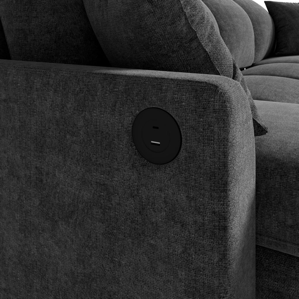 Divano letto estraibile in ciniglia con 2 chaise longue contenitore; USB e Type-C; grigio scuro