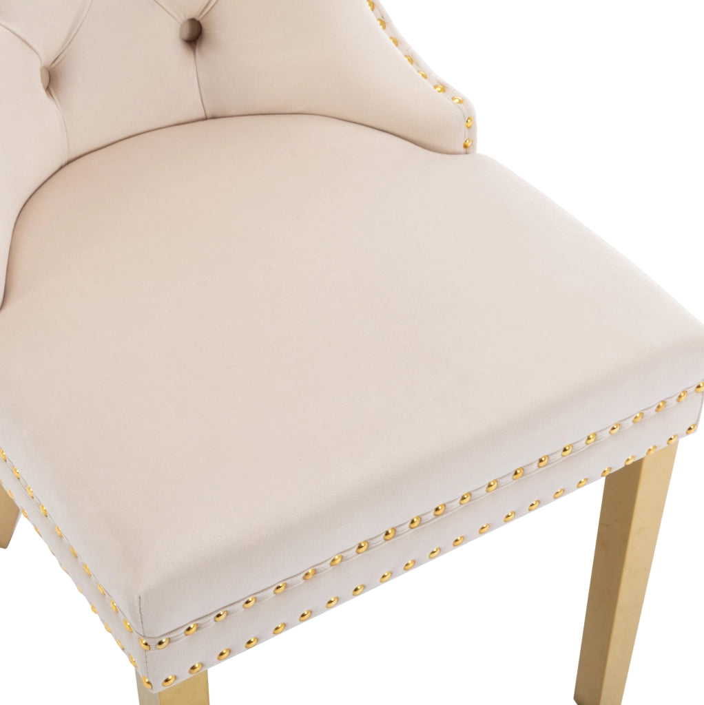 Sedia da pranzo imbottita in velluto beige con gambe in acciaio inox dorato