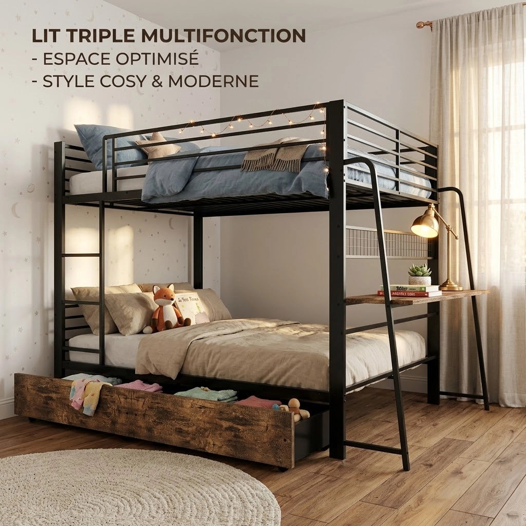 Letto a soppalco 140 × 200 cm con scrivania prese USB Type-C LED RGB e cassetti in metallo e MDF nero