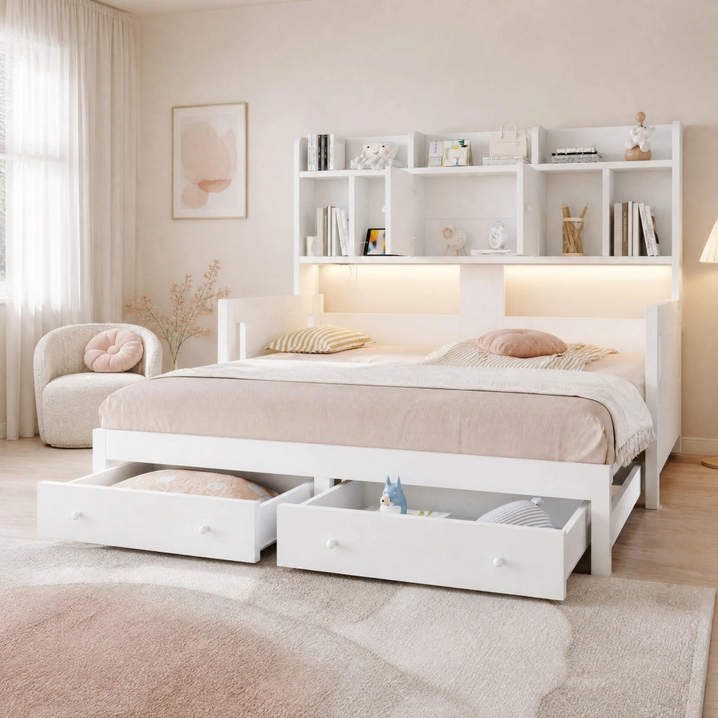 Divano letto 90 × 190 cm estensibile a 180 × 190 cm con cassetti prese integrate LED in legno bianco