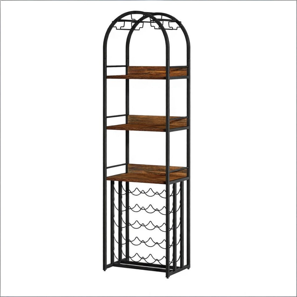 Portabottiglie da terra per 30 bottiglie con ripiano in MDF e acciaio nero marrone rustico 183 × 50 × 35 cm