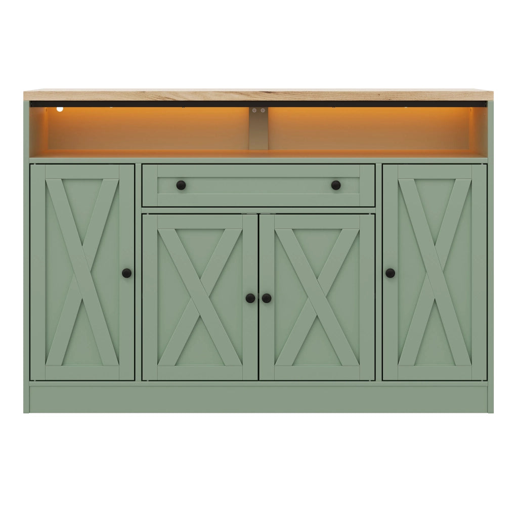 Mobile da cucina e soggiorno, 140x35x95 cm, con illuminazione LED, 1 cassetto, ripiani ante e 4 porte a granaio